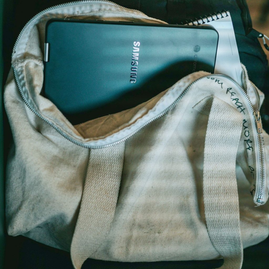 Everyday tote bag packed with laptop and study essentials
