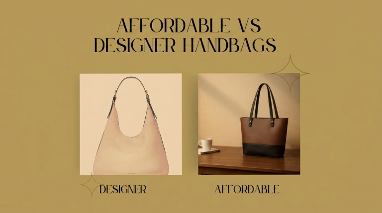 affordable vs designer handbags comparison flat lay