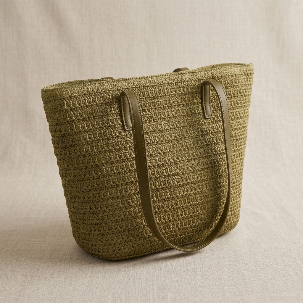 woven straw khaaki tote bag stylo